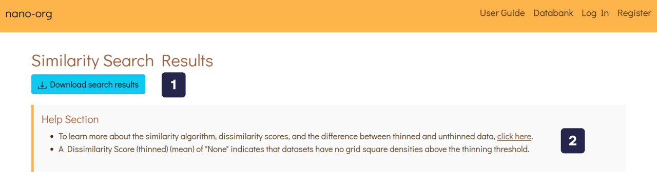 Dataset Details Overview for an example dataset showing the Similarity Search Results section of the webpage. This image contains two labels, which are explained below.